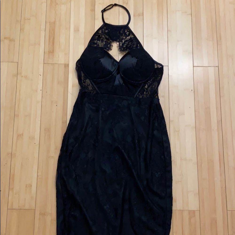 Black lace halter top dress with black lining MED